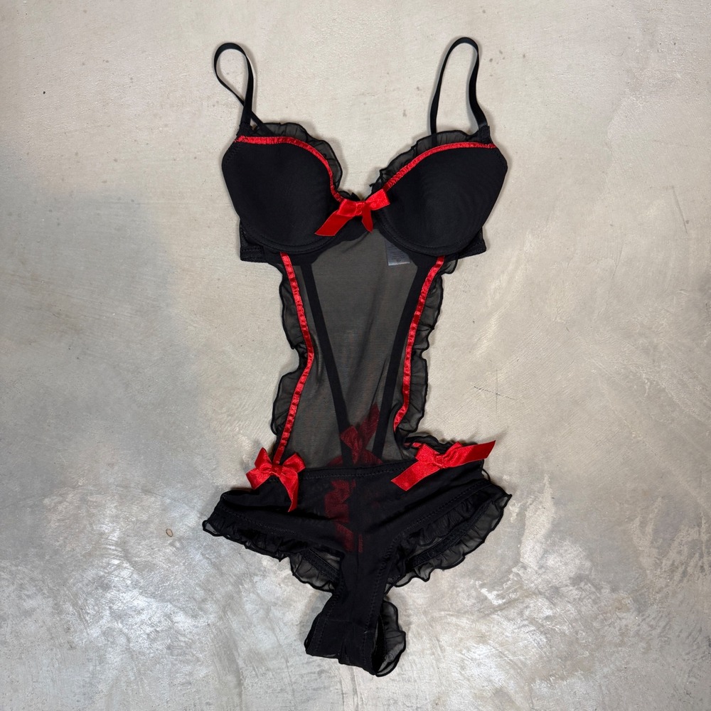 Rampage Intimates Black Red Ruffle Mesh Teddy Bodysuit Small Bows Lingerie